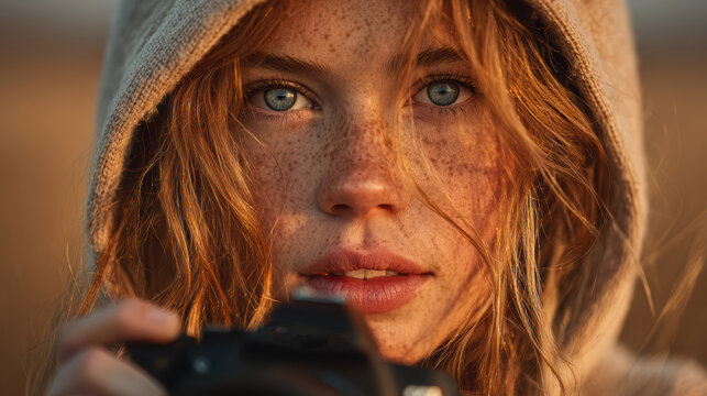 Young photographer with freckles and red hair holding vintage camera - Powered by Adobe