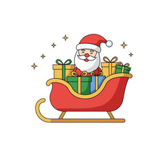 Santa Claus sitting in sleigh with colorful presents and stars  