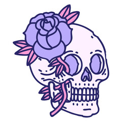 iconic tattoo style image of a skull and rose in bright neon color