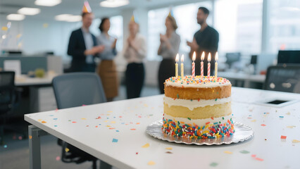 Office birthday celebration with focus on sprinkled cake and candles.
