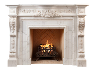 Beautiful marble fireplace surround with a warm, inviting fire transparent PNG, isolated background