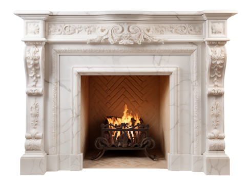 Beautiful marble fireplace surround with a warm, inviting fire transparent PNG, isolated background