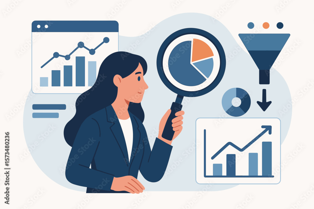 Poster business intelligence and data analysis for business insight. woman with magnifying glass analyzes c