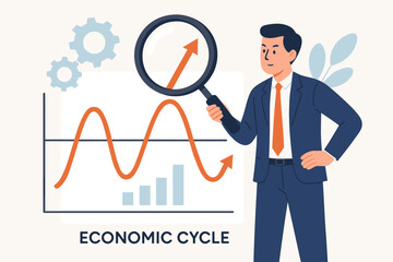 Economic cycle analysis concept. Businessman with magnifier studies stock market graph. Business growth, recession, boom and bust. Financial strategy and investment forecast.