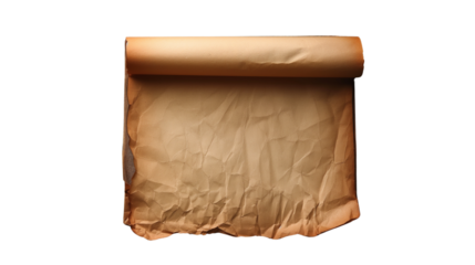 Real rolled and crumpled aged parchment paper with rich texture. Transparent PNG. perfect for vintage backgrounds or historical themes
