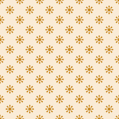 Vector geometric floral seamless pattern. Cute background with small flowers, sun shapes. Retro vintage nostalgic 1960s - 1970s style texture in yellow and beige color. Repeating decorative design