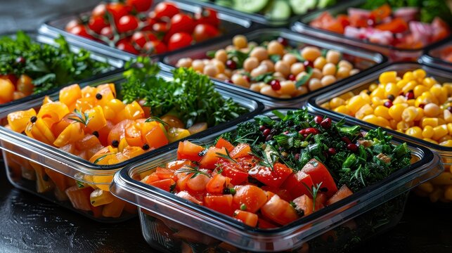 Healthy lunch prep transparent containers filled with colorful vegetables on a dark surface, ready to be eaten