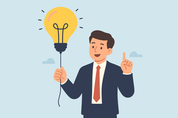 Smart Businessman Holding Bright Lightbulb Idea Balloon, Helpful Tips for Business Success, Creative Advice, Useful Suggestions, Improvement and Innovation Concept