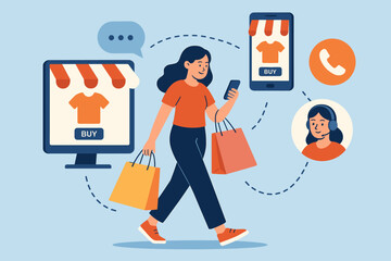 Omnichannel marketing concept, young woman shopping with bags, buying products online and offline, multi channel retail, website, mobile app, customer support, communication icons