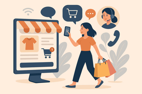 Omnichannel marketing concept, young woman shopping online and offline, multi channel retail experience, ecommerce website, mobile app, customer support, digital purchase, shopping bags