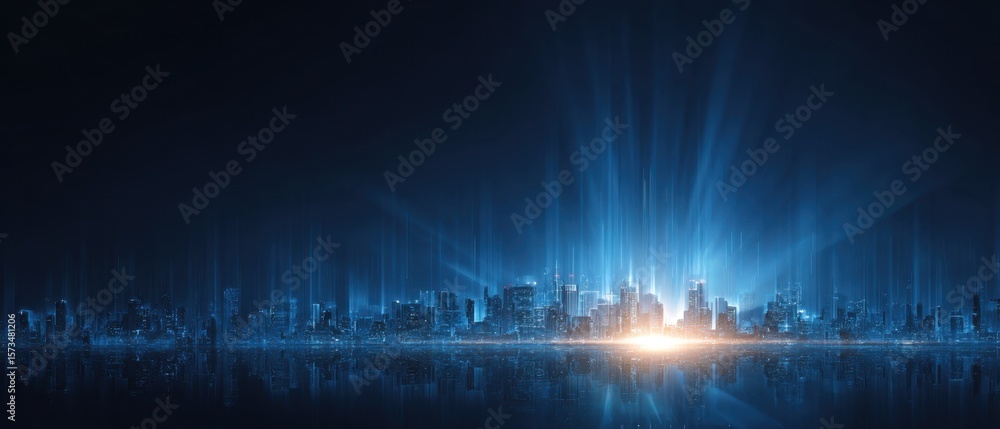 Aufkleber abstract digital blue background with a city skyline and a globe in the light of sun rays big data t