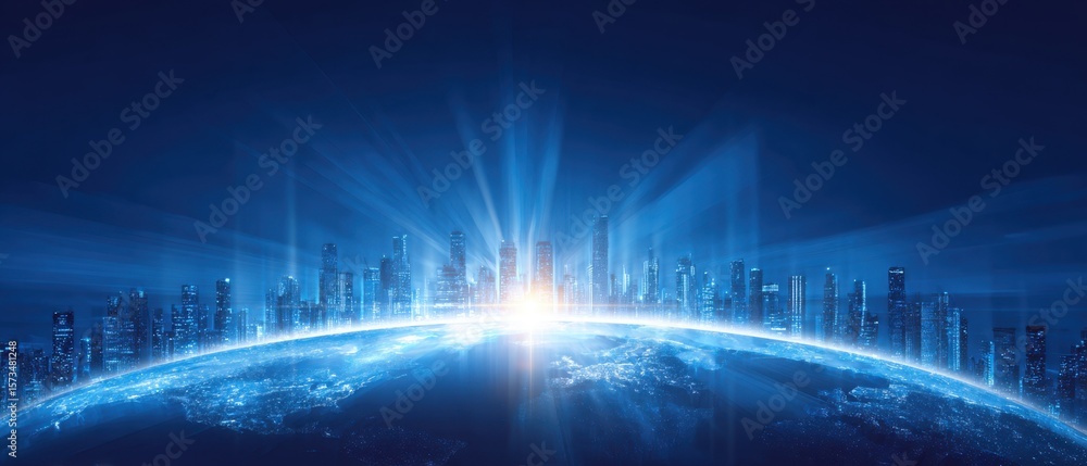 Poster abstract digital blue background with a city skyline and a globe, light rays, and a technology banne