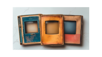 Authentic worn texture from aged vintage photo frames with fading colors. Transparent PNG. perfect for retro graphic design or memory-themed compositions