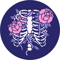 iconic tattoo style image of a rib cage and flowers in bright neon color