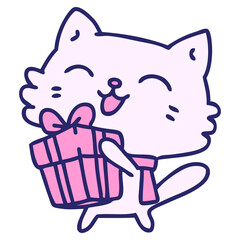 cartoon of a happy little cat holding a christmas present in bright neon color