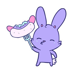 curious bunny cartoon with hotdog in bright neon color
