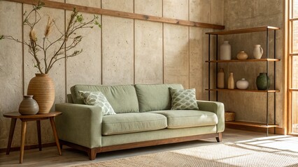 Serene Japandi Living Room Interior with Sage Green Fabric Sofa, Natural Stone Wall, and Minimalist Wooden Shelving with Earthy Decor and Dried Branches