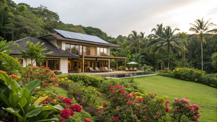 Luxurious Tropical Residence with Solar Energy System, Infinity Pool, Lush Landscaped Gardens, and Palm Trees, Blending Modern Design with Nature