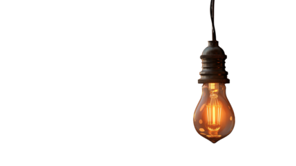 Vintage Edison bulb glowing warmly on white background. Transparent PNG. perfect for design mockups, product showcases, or energy-themed concepts