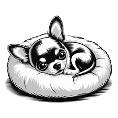 Black and White Chihuahua Sleep, SVG Type Vector – Cute Puppy Dog Silhouette Clip Art, Minimalist Pet Illustration for Sticker, Apparel, Logo, Teacup Breed Design, Animal Print, Canine Emblem