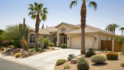 One-Story Suburban Home in a Sunny Desert Neighborhood with Palm Trees, Cactus Garden, and a Large Driveway, Ideal for Southern California or Arid Climates