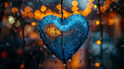 Heart hanging, covered in water droplets, blurred lights in background