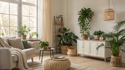 Cozy Scandinavian Living Room with Neutral Tones, Abundant Green Plants, Natural Materials, and Warm Sunlight Creating a Relaxing Atmosphere