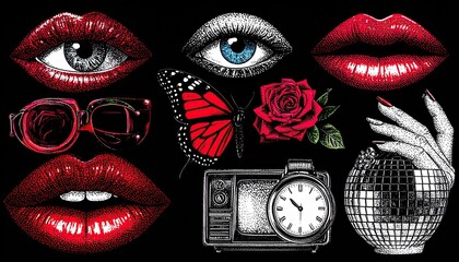 Graphic design of lips, eyes, and objects