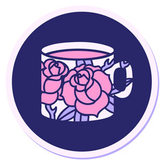 sticker of tattoo in traditional style of a cup and flowers in bright neon color