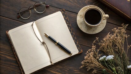 Top View of Dark Wooden Desk with Vintage Open Notebook, Fountain Pen, Reading Glasses, Coffee Cup, and Dried Flowers