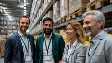 Warehouse managers talk together, smiling and discussing analyzing their business and planning next moves - Powered by Adobe