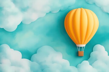 Obraz premium Yellow hot air balloon surrounded by clouds, floating on teal background, copy space