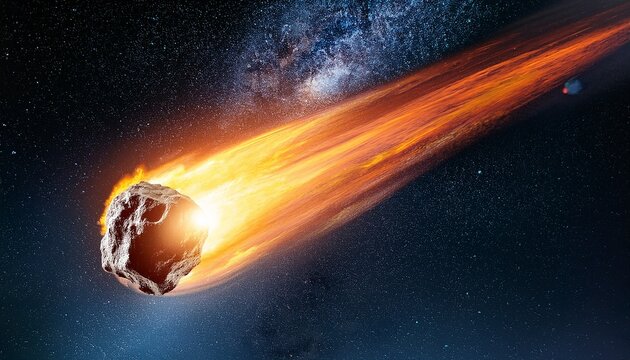 brennender asteroid oder meteorit im weltraum mit feuerschweif