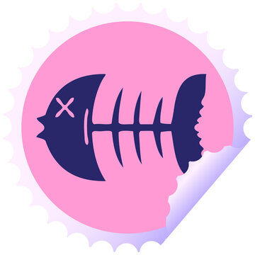 Naklejki circular peeling sticker quirky cartoon dead fish bone in bright neon color