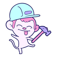funny cartoon builder monkey dancing in bright neon color