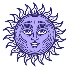 tattoo in traditional style of a sun with face in bright neon color