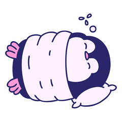 cartoon of a cute christmas penguin sleeping in bright neon color