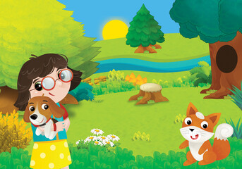 cartoon scene with kid girl near forest animal illustration for children