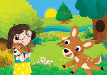 Obraz premium cartoon scene with kid girl near forest animal illustration for children