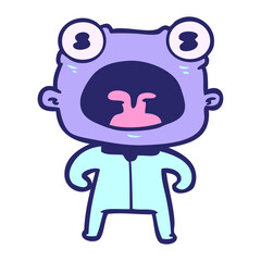 cartoon weird alien shouting in bright neon color