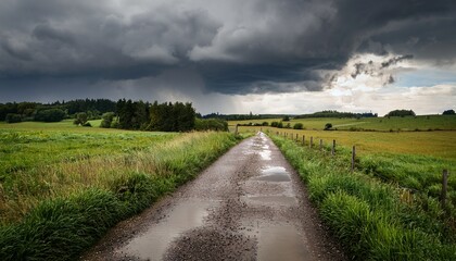 rainy pathway in rural landscape with puddles and overcast sky