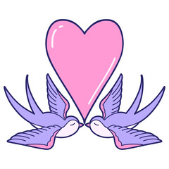 iconic tattoo style image of swallows and a heart in bright neon color