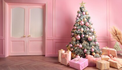 christmas tree adorned with pink ornaments pastel gold and gifts