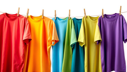 Colorful t-shirts hanging on clothesline with wooden pins, arranged in rainbow gradient on white background.