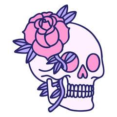 iconic tattoo style image of a skull and rose in bright neon color