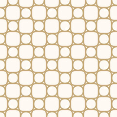 Abstract geometric seamless pattern with mesh, grid, net, lattice, thin curved lines, circles, squares. Simple golden texture template. Gold and white linear background. Repeated elegant vector design