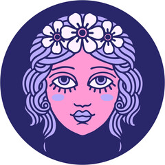 iconic tattoo style image of female face with crown of flowers in bright neon color