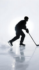 Fototapeta premium Silhouette of dynamic ice hockey player gliding on reflective ice, glowing halo, isolated on white. 