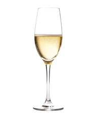 Elegant glass of champagne with golden bubbles against a dark backdrop transparent PNG, isolated background