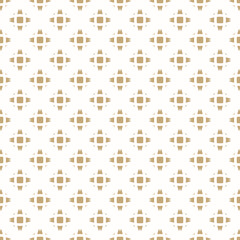 Simple ornament with abstract geometric shapes, small flower silhouettes, stars. Gold and white vector seamless pattern. Stylish golden background texture. Modern repeated geo design for decor, print